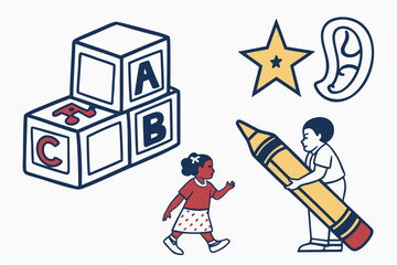 Childrens learning toys and figures with alphabet blocks and crayon education