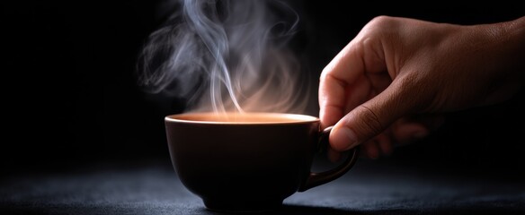elegant hand gently stirring a fragrant steaming cup of coffee on a polished surface