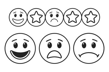 Collection of cartoon faces and stars representing different emotions and ratings Keywords: emotion