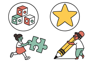 Kids learning and playing with puzzle pieces and drawing tools education children