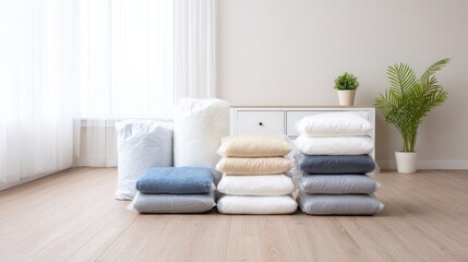 Soft, neatly stacked bedding in various colors, arranged in a bright room with natural light, showcasing a minimalist aesthetic and preparing for moving house