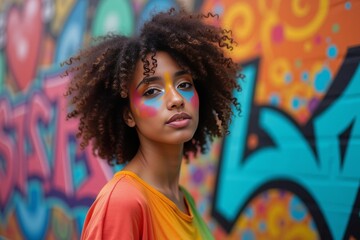 Vibrantly painted young woman posing in front of colorful graffiti wall with flowing fabric.
