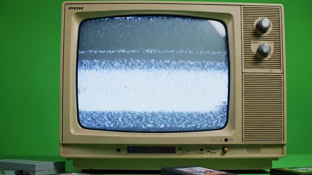 Retro TV Screen with Glitch Effect old television blue interference in room close up of vintage and cartridges for playstation antique video game nostalgia distortion, green overlay, glitch, static
