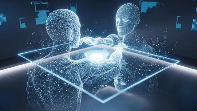 Futuristic technology concept with digital human figures interacting with glowing energy core, seamless motion graphics for cutting-edge innovation and artificial intelligence presentations