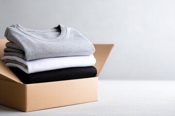 Stacked neatly folded clothing in a cardboard box, showcasing a minimalist design, representing the concept of moving house and organizing belongings efficiently