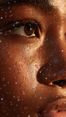Close up of glowing deep tan skin with water droplets face showing natural texture and warm light creating serene and fresh