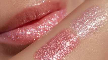 Shimmering pink lip balm swatches on smooth skin with sparkling glitter creating glossy and radiant effect