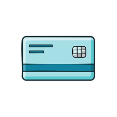 Cartoon illustration of a light blue payment card with chip for financial transactions