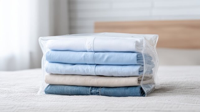Neatly folded clothes stacked in a transparent storage bag on a bed, showcasing organization and preparation for moving house, emphasizing a tidy living space - Powered by Adobe