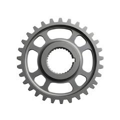 Industrial metal gear wheel with internal splines, a crucial component for mechanical power transmission and rotation, isolated on transparent background