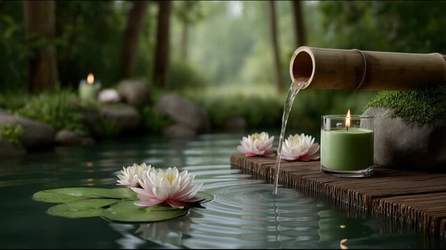 Serene zen nature scene with bamboo fountain, flowing water, candles, and lotus flowers, symbolizing relaxation, meditation, spa therapy, and wellness atmosphere.
