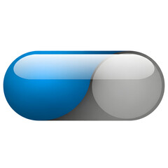 Glossy blue and grey toggle switch button or slider icon, representing an onoff state or selection, isolated on transparent background