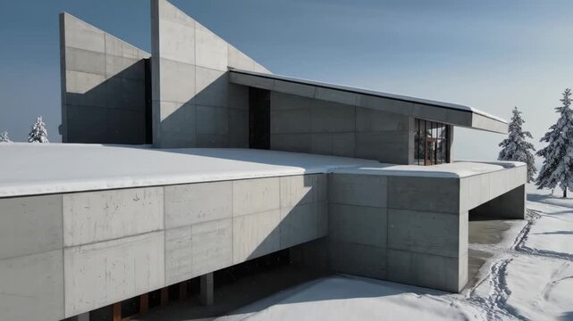 Modern Concrete Church Snow Covered Roof 4K