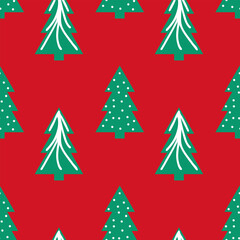 Seamless Christmas tree pattern in a flat minimalist style in green and red tones for a festive backdrop