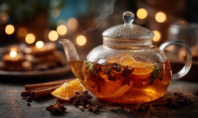 Teapot brewing hot herbal tea with orange slices, cinnamon sticks, and star anise. Steam rising from glass pot on a dark background with blurred bokeh lights creating a festive winter atmosphere