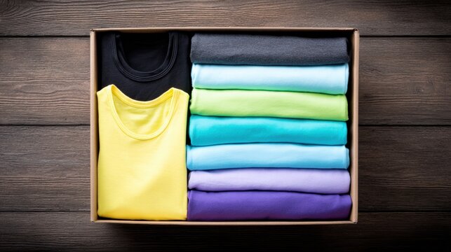 Colorful assortment of neatly folded t-shirts in a cardboard box on a wooden surface, showcasing vibrant hues and textures, ideal for moving house or organizing wardrobe