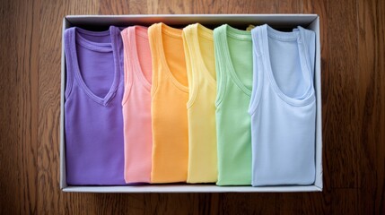 Colorful collection of sleeveless shirts neatly arranged in a box, showcasing vibrant hues of purple, pink, orange, yellow, green, and blue for moving house organization