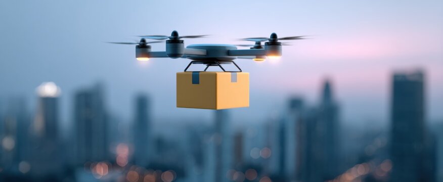 delivery drone transports a package over cityscape rooftops