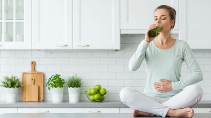 A Moment of Wellness: A woman takes a refreshing sip of a green drink. surrounded by elements of natural well-being and a calm kitchen ambiance.