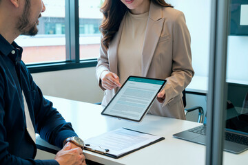 Young adult Asian woman showing digital tablet with document to young adult Caucasian man sitting at desk during business meeting in modern office, both engaged in discussion