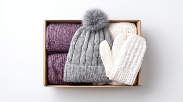 Cozy winter accessories including knitted hat, mittens, and scarves arranged in a box, showcasing warmth and comfort for moving house during the cold season