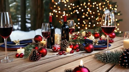 Festive Table: A beautifully set table adorned with festive decorations and wine glasses, ready for a heartwarming holiday gathering, capturing the spirit of celebration and togetherness. - Powered by Adobe