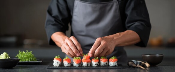 Chef rolling sushi on a tidy counter with sharp utensils and care