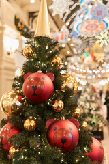 Charming handcrafted decorations featuring playful bear figures and cheerful festive lighting setup