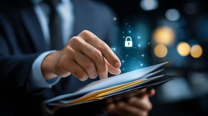 Faceless hand placing document into secure folder, defocused padlock symbol, data protection concept, privacy technology, confidential information safety, file security system, wit