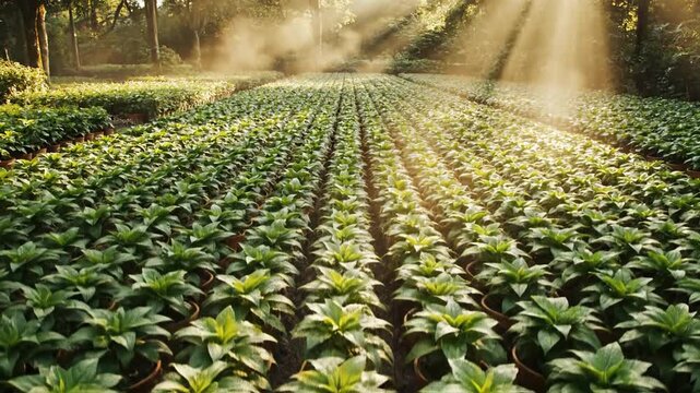 Enchanting morning light graces rows of potted plants in verdant nursery, showcasing vibrant