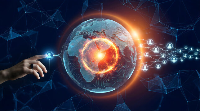 Global network connection with digital interface, finger touching icon, technology future and worldwide communication - Powered by Adobe