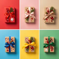 Décorations de Noël et cadeaux colorés en composition flat lay
