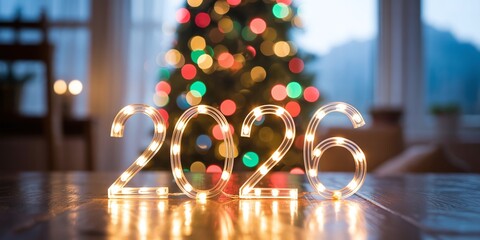 "Celebrate New Year 2026 with Festive Holiday Decorations and Warm Lights."