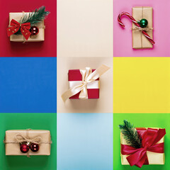 Décorations de Noël et cadeaux colorés en composition flat lay