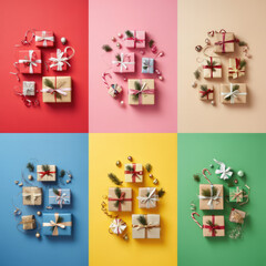 Décorations de Noël et cadeaux colorés en composition flat lay