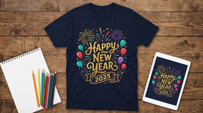 Colorful and cheerful happy new year t-shirt design template