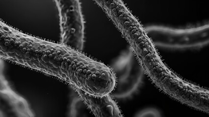 Naklejka premium Scanning Electron Micrograph Style 3D Render of Piliated Bacteria