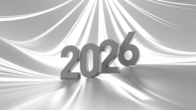 The year 2026 in silver a 3D rendering with abstract light trails representing the future and new beginnings