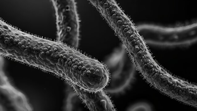 Scanning Electron Micrograph Style 3D Render of Piliated Bacteria