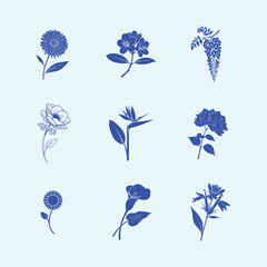 Collection of nine blue flower illustrations on light blue background