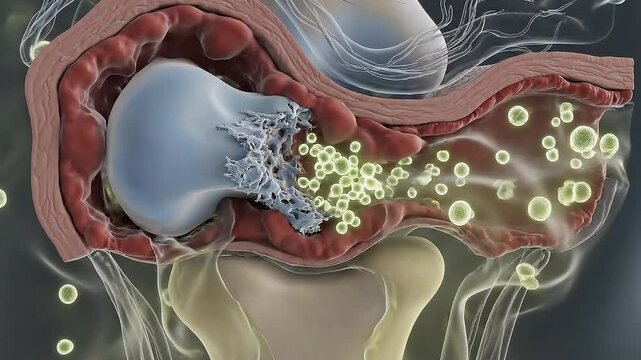 Animated Medical Visualization of Cellular Activity Within Damaged Bone Tissue Showing Inflammation and Healing Processes in Warm Tones