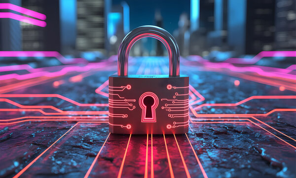Cybersecurity protection with glowing padlock and circuit board pattern in a futuristic digital city background