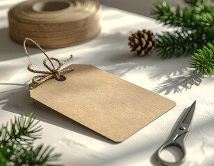 Flat lay composition featuring a large, blank kraft paper gift tag tied with natural jute twine, offering generous copy space for text, logo, or product details. The tag rests on a clean white surface
