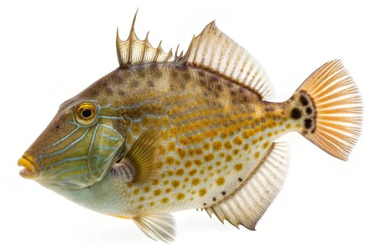 A detailed studio shot of a colorful triggerfish against a white background
