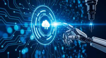 Modern robot hand accessing cloud data with futuristic technology, an elegant digital transformation concept showing innovation