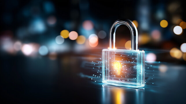 Neon padlock in futuristic lightscape, defocused digital privacy elements, cybersecurity concept, data protection technology, information safety visualization, modern security desi