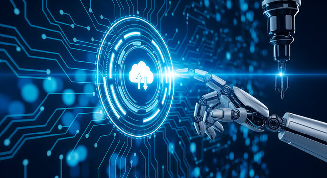 Modern robot hand accessing cloud data with futuristic technology, an elegant digital transformation concept showing innovation - Powered by Adobe