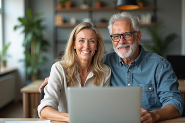 Elderly couple working together in coworking space. Senior couple with laptop in modern office. Older partners smiling in shared workspace.