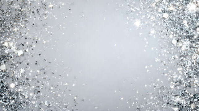 Silver sparkles falling on icy white background with glowing festive edges and clear middle  - Powered by Adobe