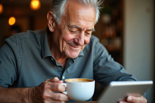 Elderly man with coffee reading digital tablet. Senior man enjoying warm cappuccino. Older man relaxed in cozy cafe.